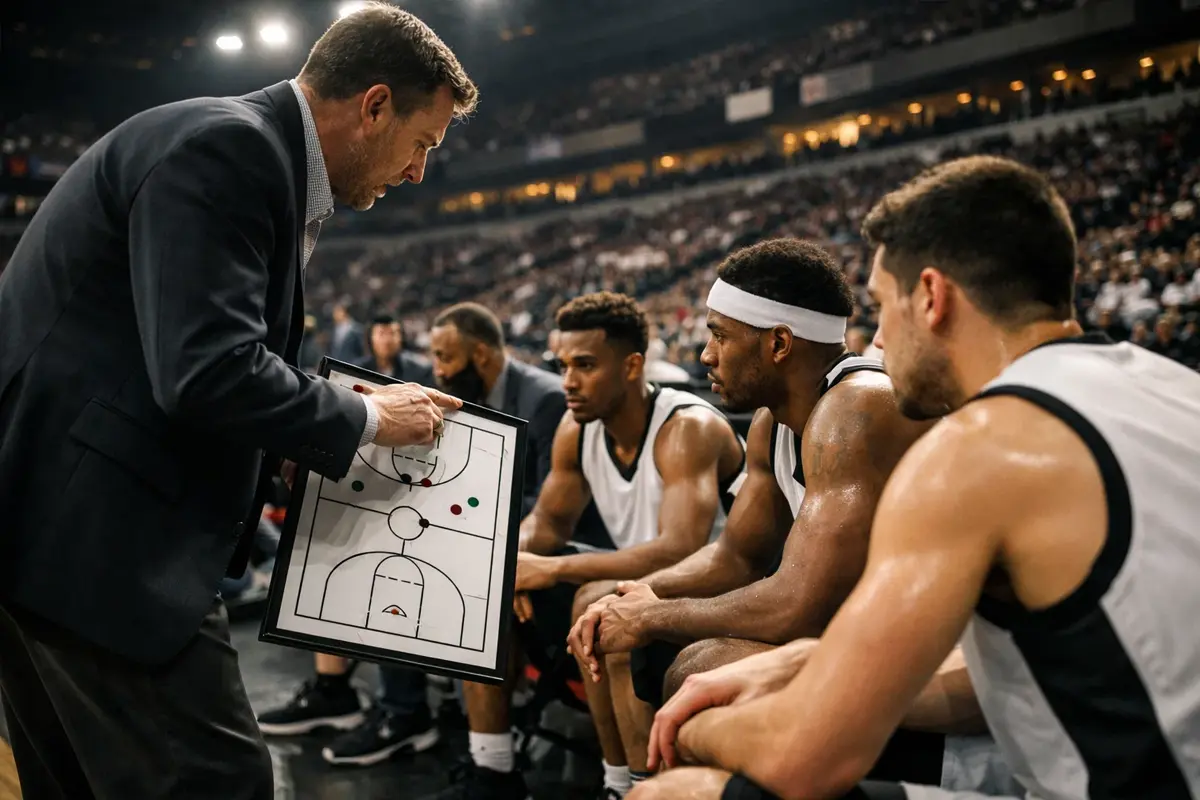 NBA-bank met coach en spelers die tactiekbord bestuderen