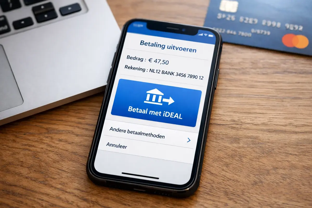 Nederlandse betaalmethoden iDEAL logo op smartphone scherm