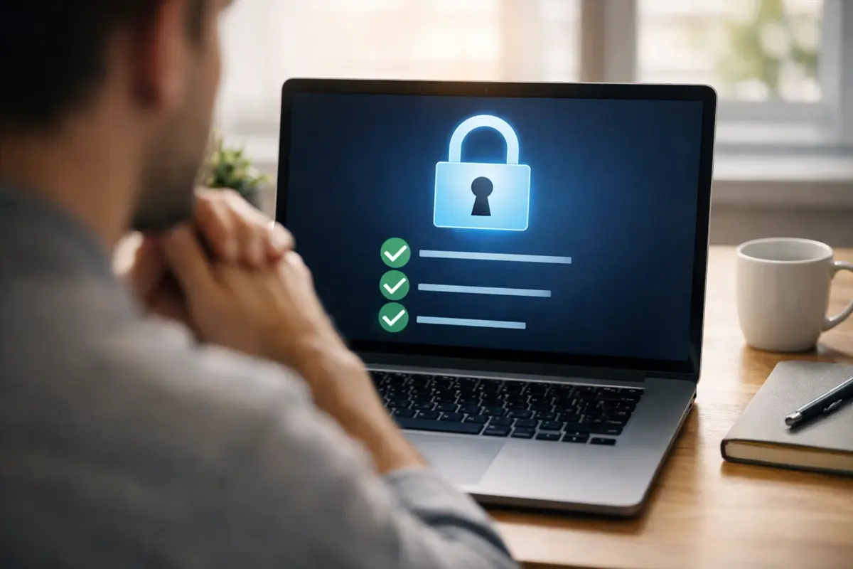 Persoon controleert online veiligheid op laptop scherm