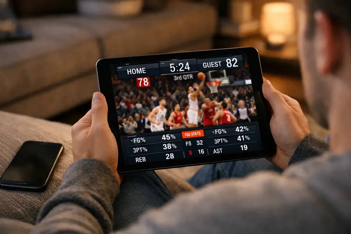 Persoon volgt live basketbalwedstrijd op tablet met statistieken