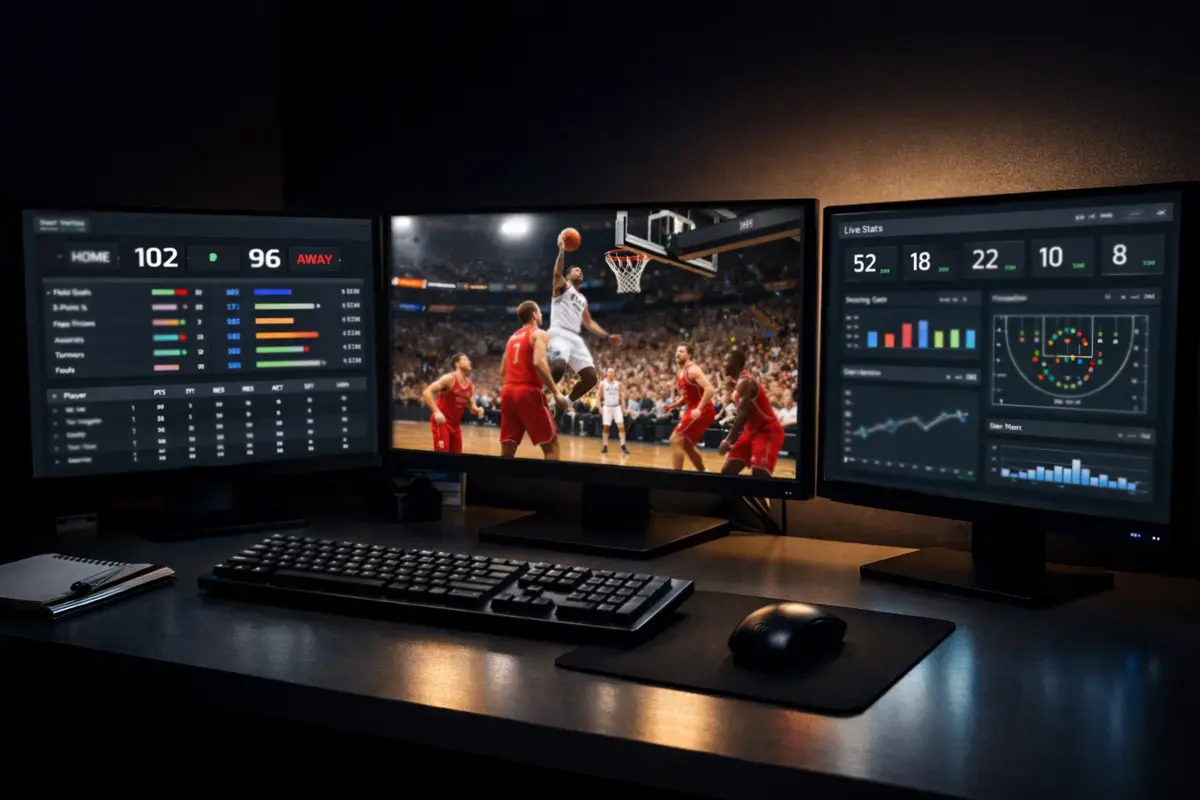 Meerdere schermen met live sportdata en basketbaluitzending