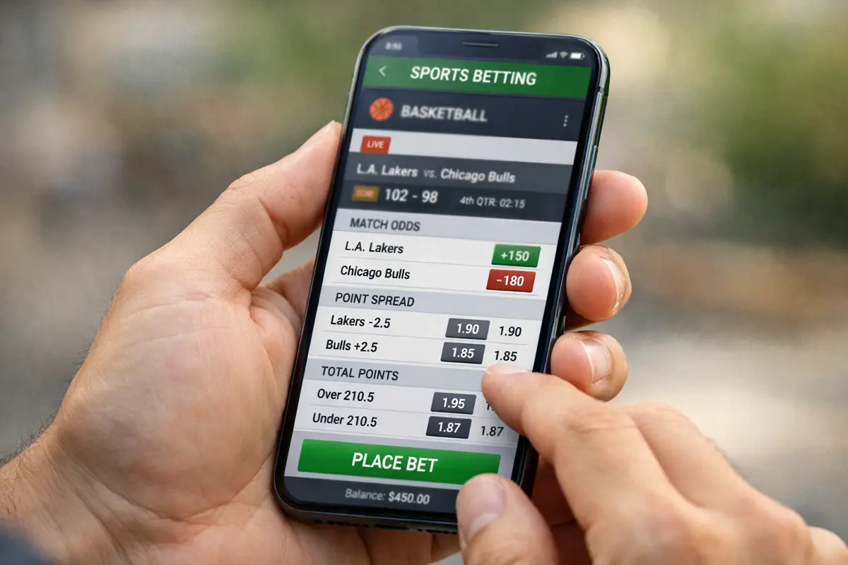 Hand houdt smartphone met sportwedden interface op het scherm