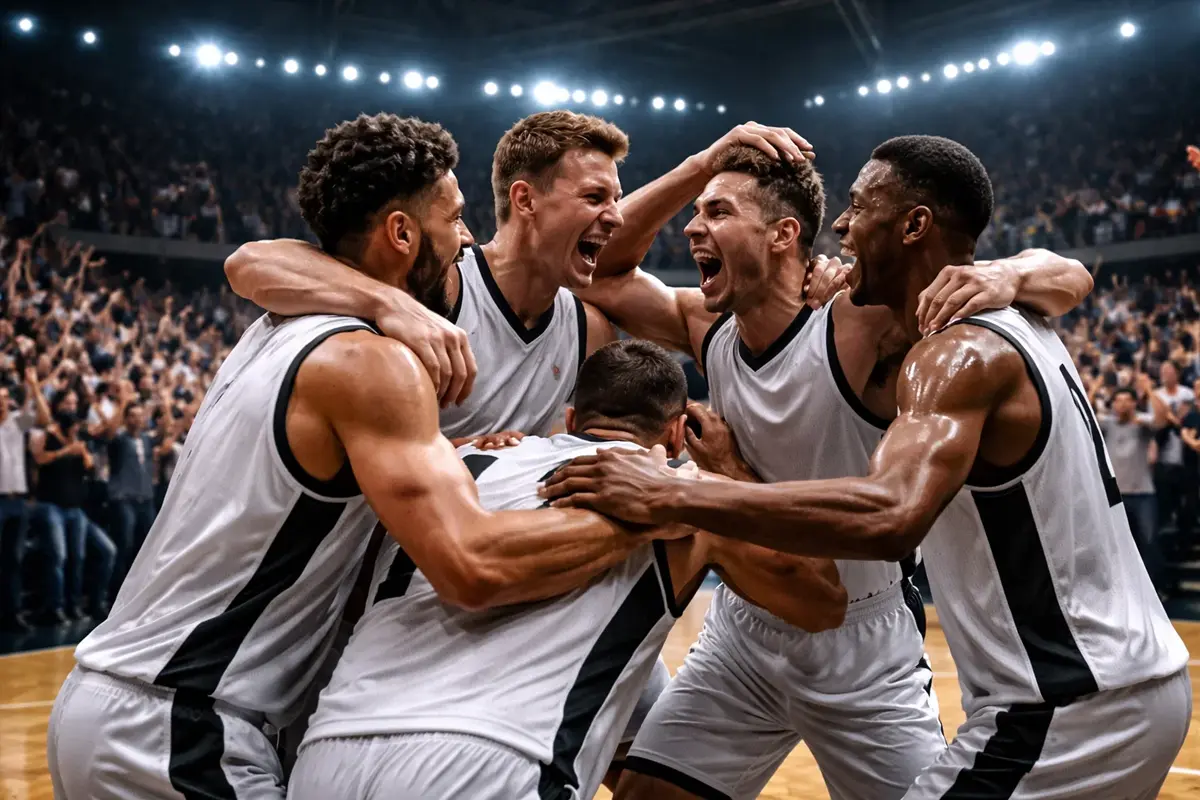 Basketbalteam viert een belangrijke score samen
