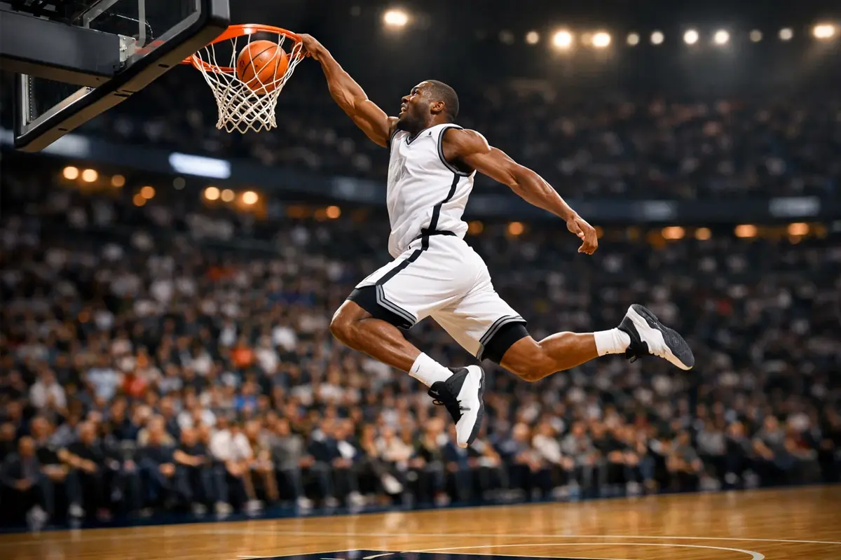 NBA basketbalspeler maakt een spectaculaire dunk tijdens een professionele wedstrijd