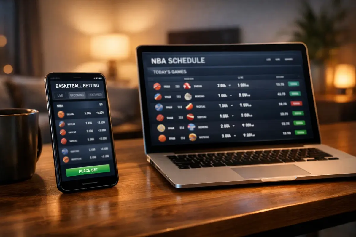 Smartphone met sportwedden app naast laptop met NBA wedstrijdoverzicht