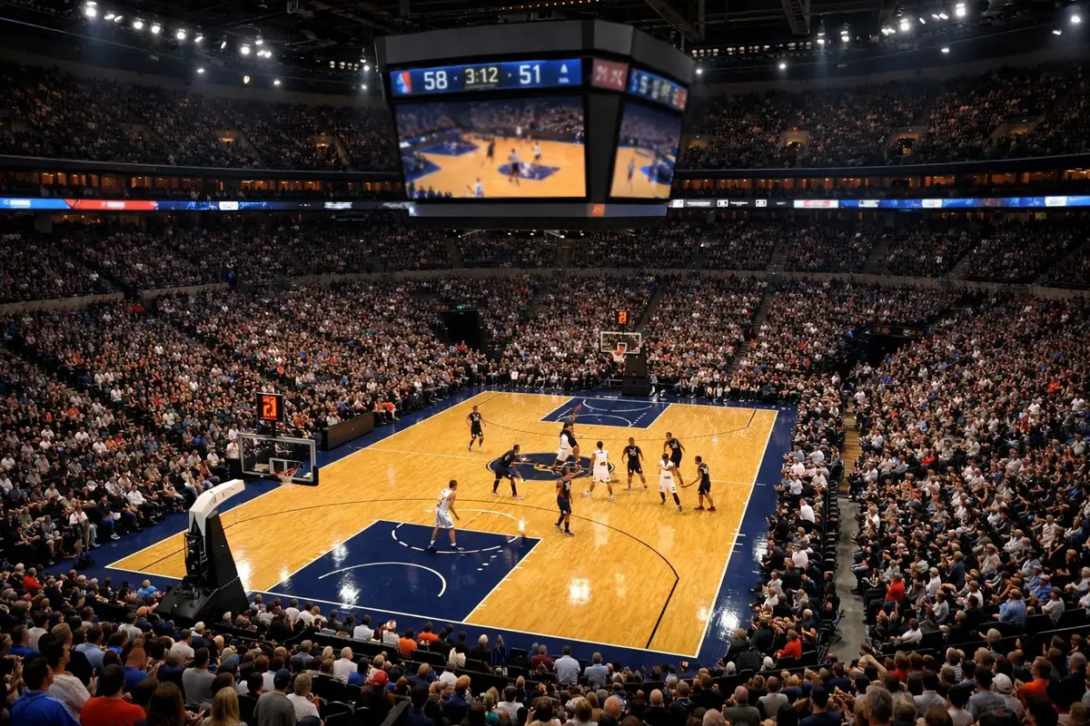 Professionele NBA-arena met volle tribunes tijdens een belangrijke wedstrijd