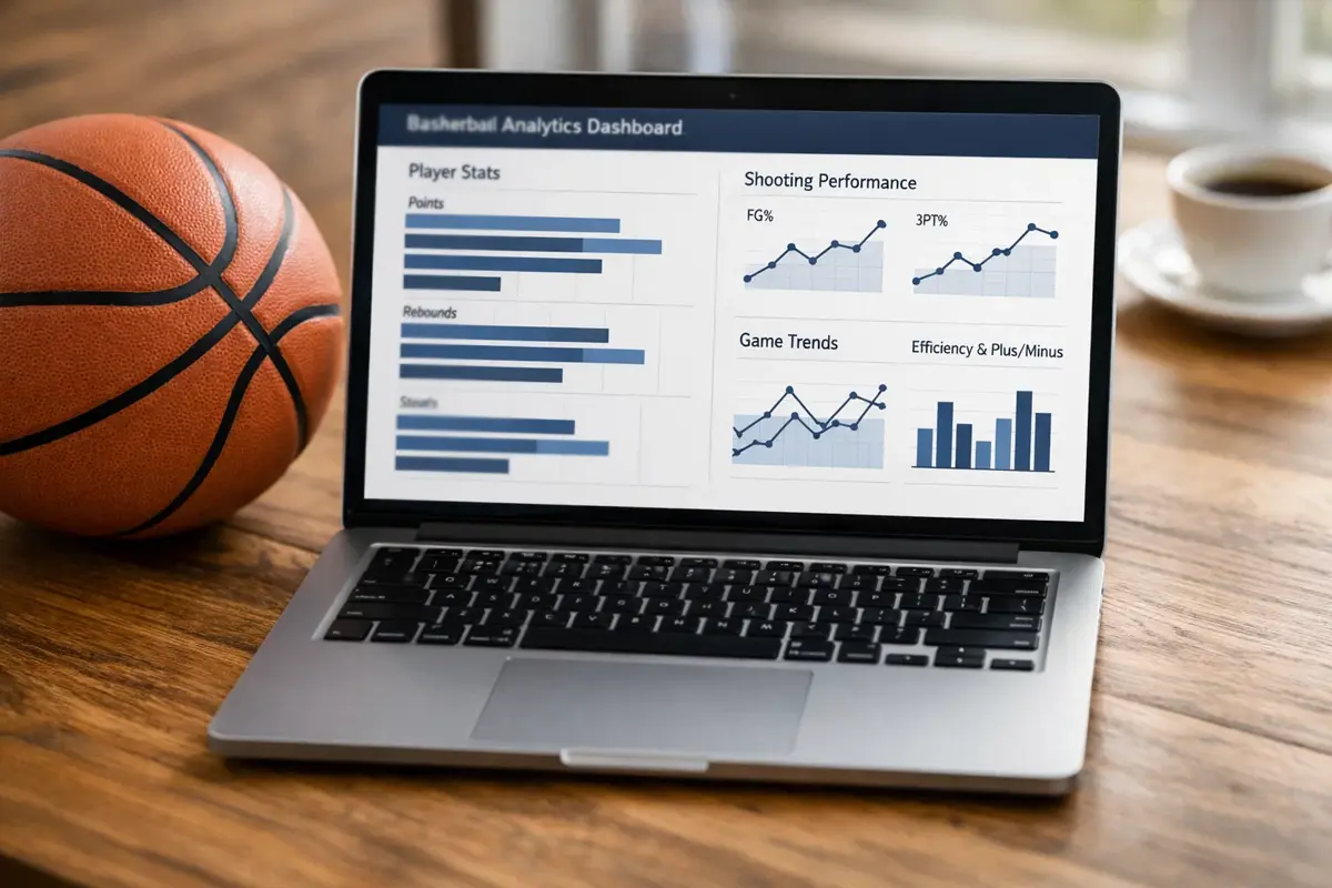 Laptop met basketbalstatistieken en grafieken op het scherm