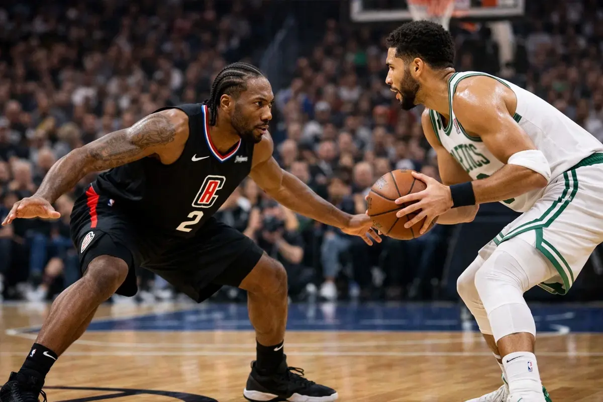 Defensieve speler bewaakt aanvaller tijdens NBA wedstrijd