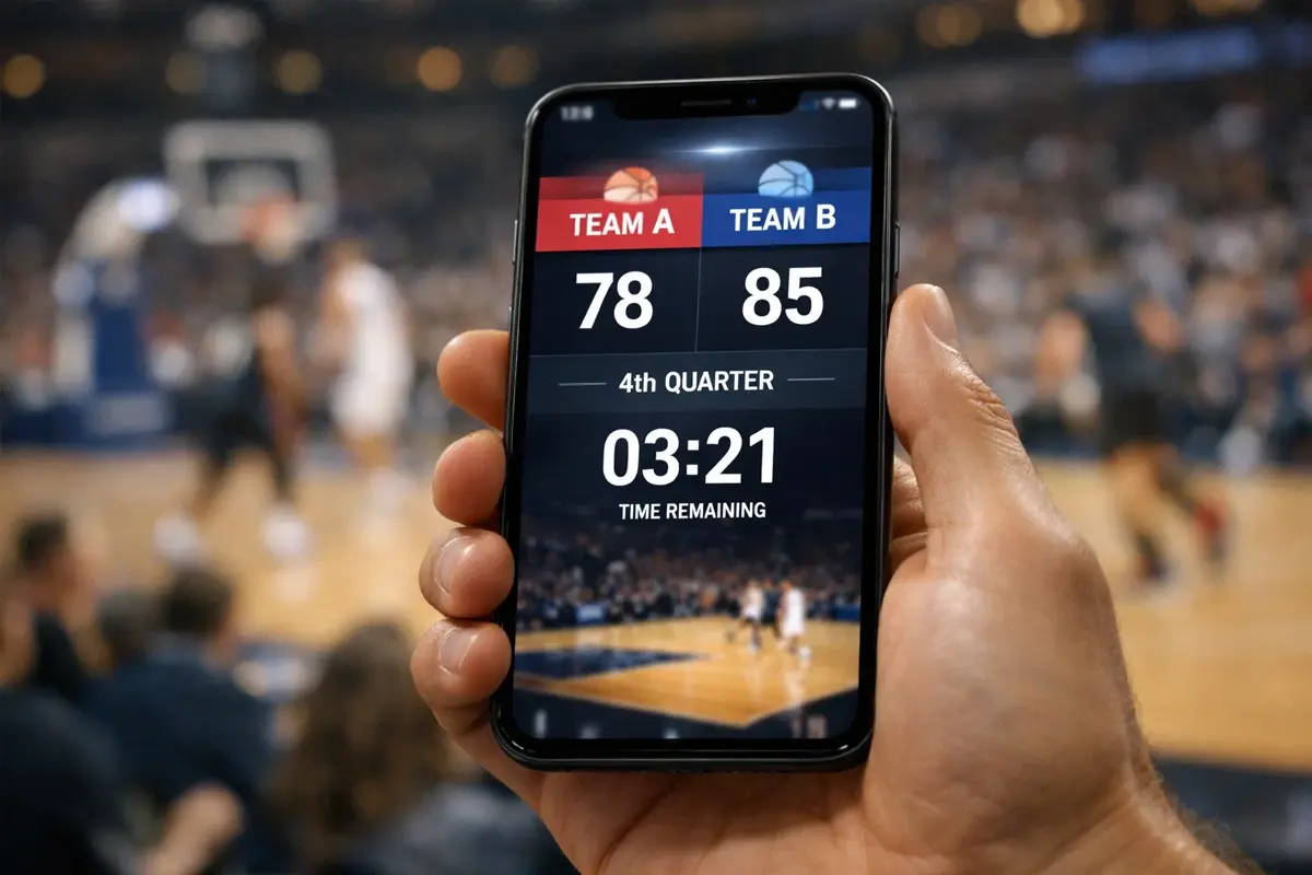 Smartphone toont live NBA-wedstrijdscore met basketbalveld op de achtergrond
