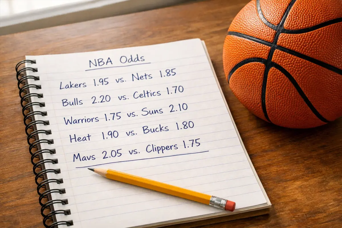 Sportnotitieblok met geschreven NBA-teamnamen en quoteringen naast een basketbal