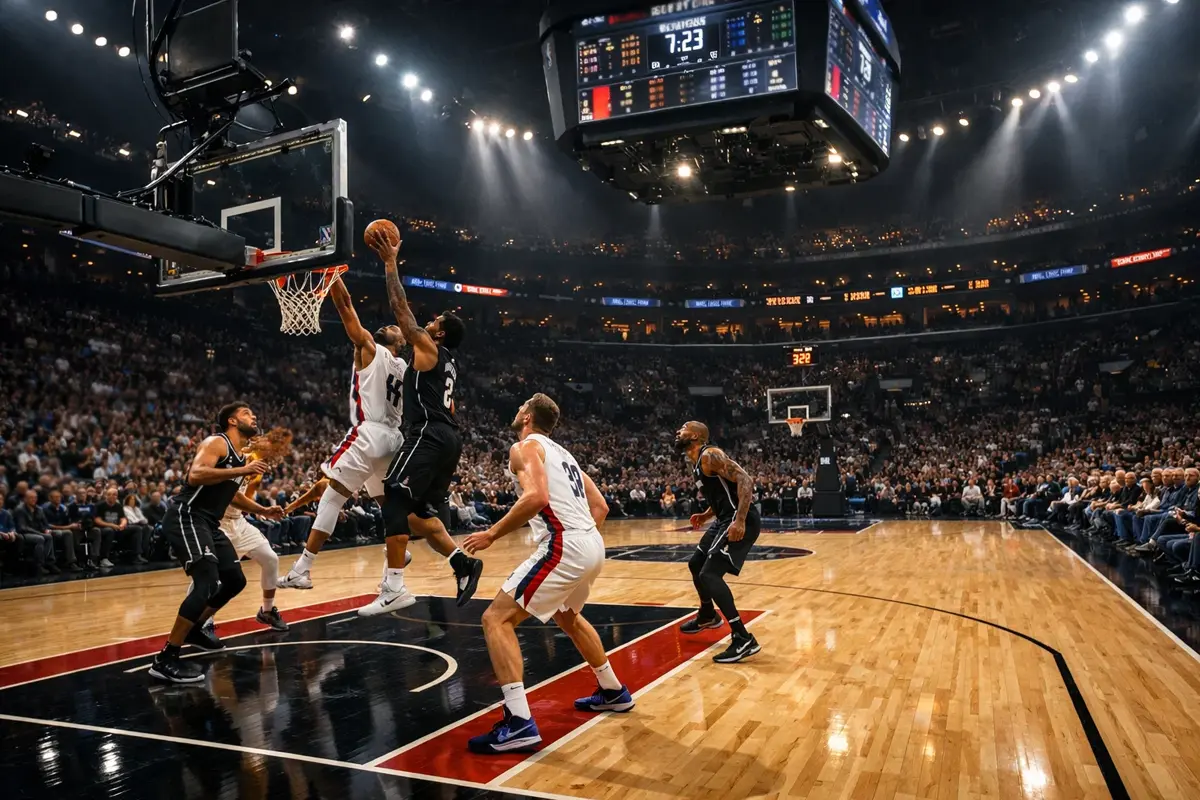 Basketbalwedstrijd in een uitverkochte NBA-arena met scorebord