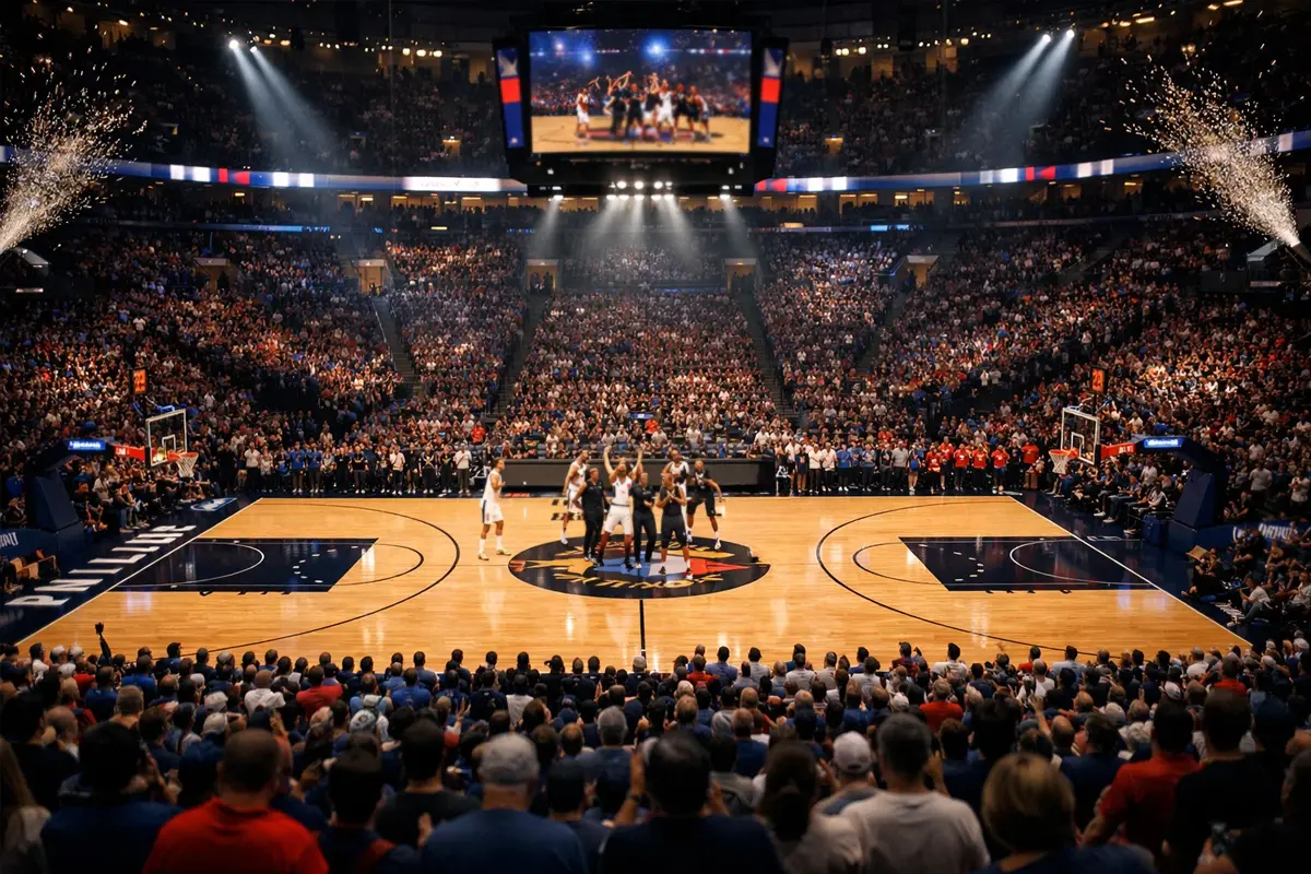 Uitverkochte NBA arena tijdens play-off wedstrijd met intense sfeer