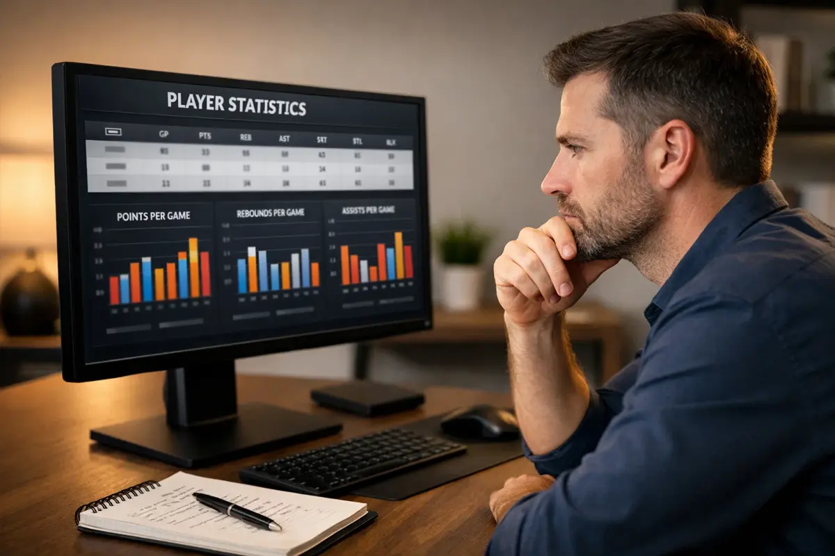 Basketbalanalist bestudeert spelersstatistieken op scherm