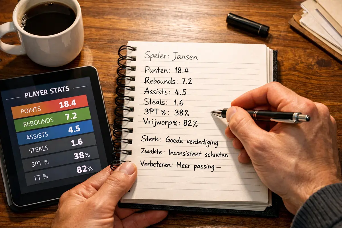Persoon analyseert basketbalstatistieken in notitieboek