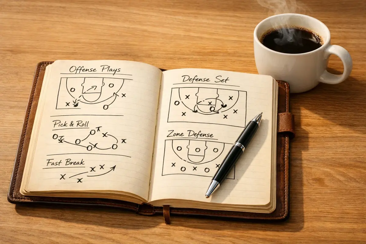 Notitieboek met handgeschreven basketbalstrategie en een kopje koffie op een bureau
