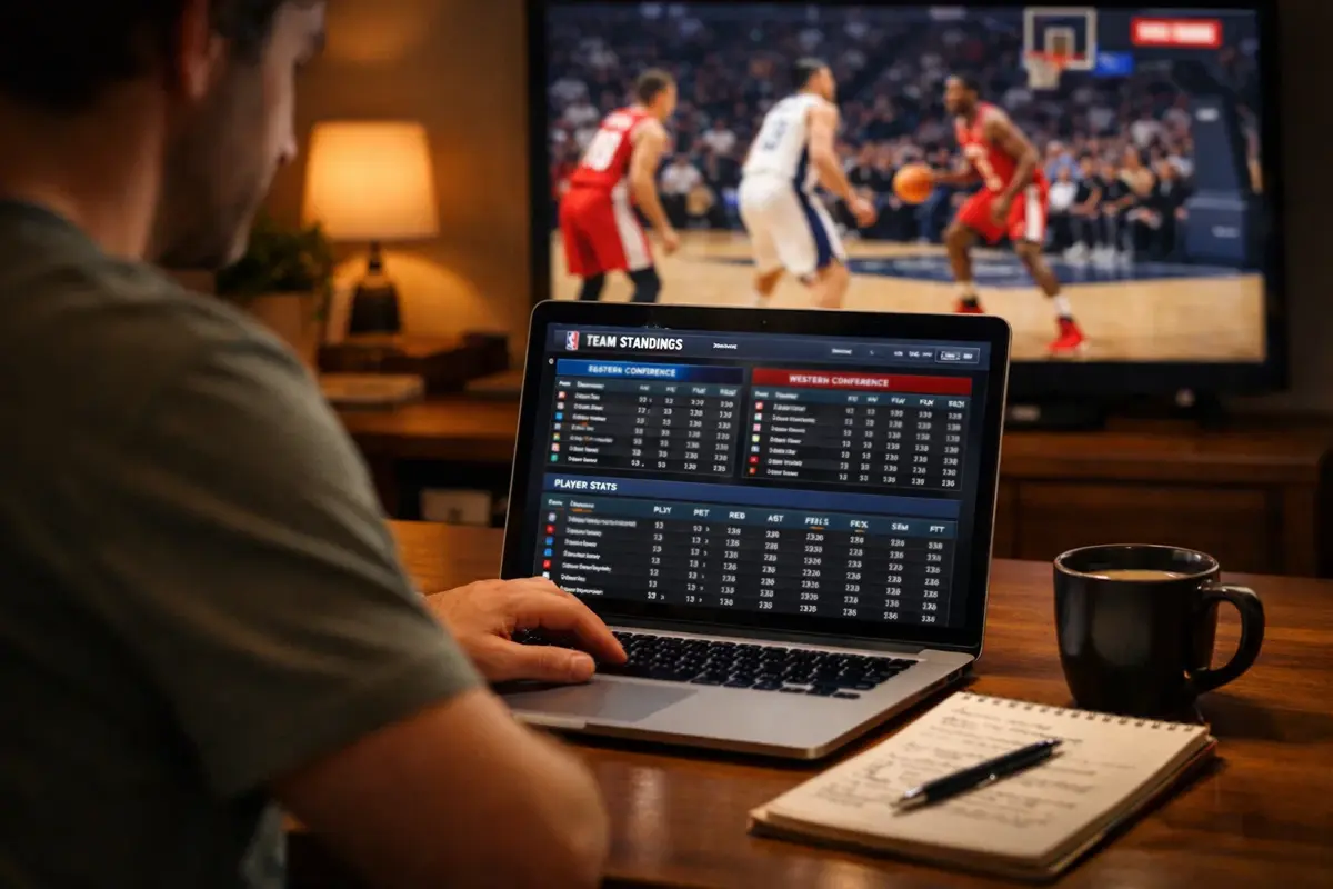 Persoon analyseert NBA-wedstrijdstatistieken op een laptop met basketbalwedstrijd op televisie