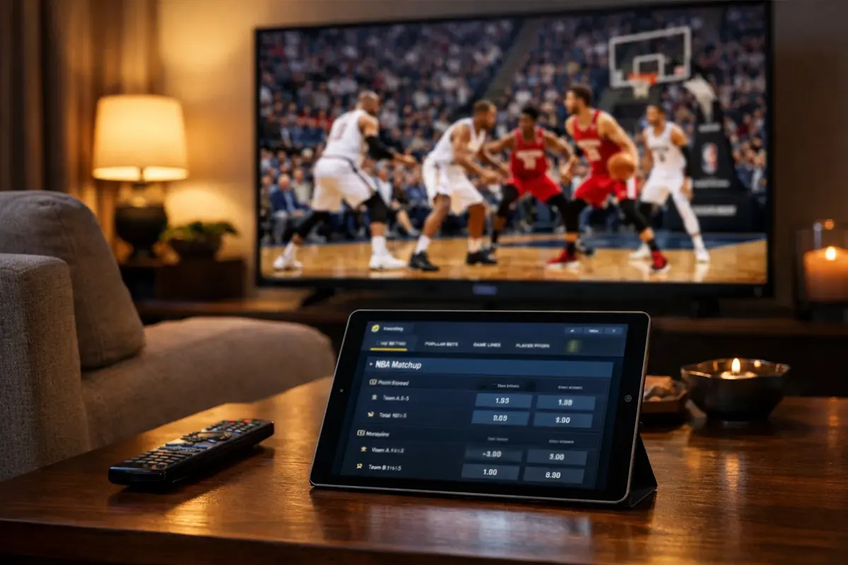 Basketbalwedstrijd op televisie met tablet ernaast voor weddenschappen