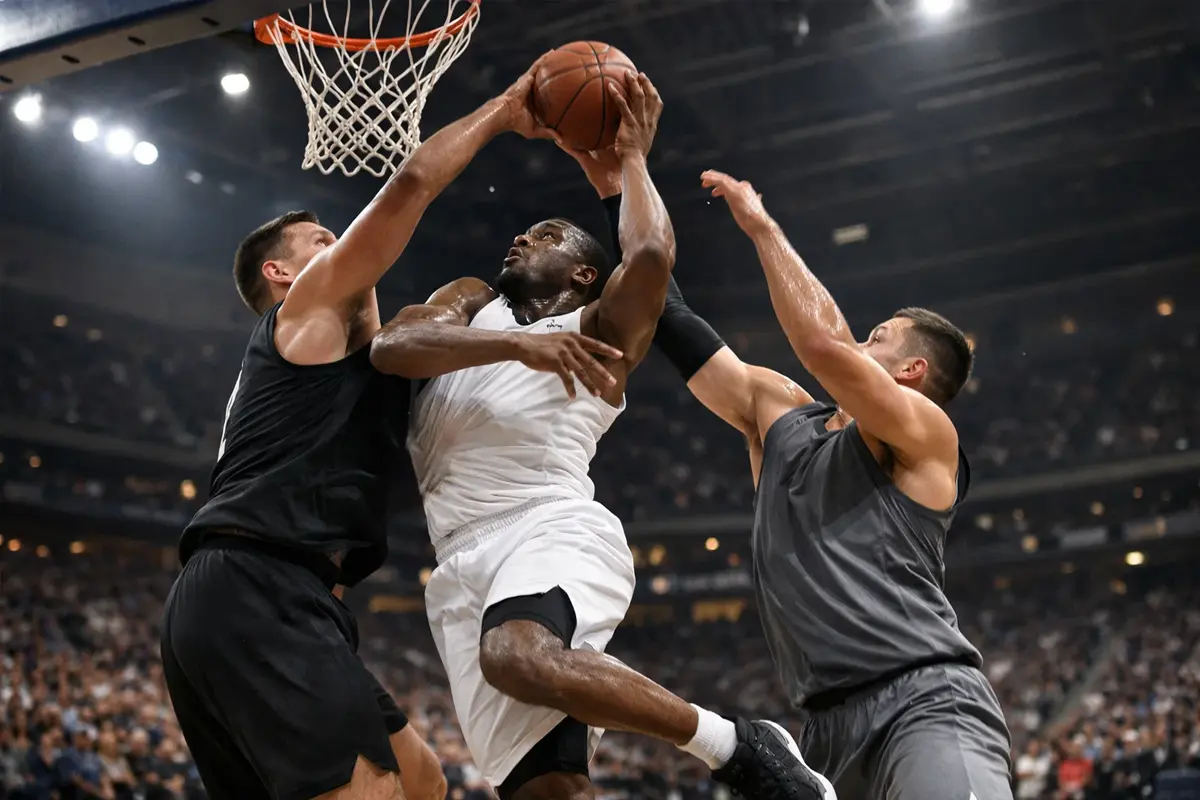 Basketbalspelers tijdens intensief duel onder de basket