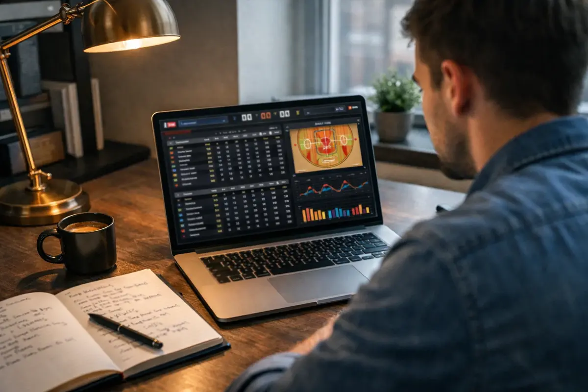 Analist bestudeert NBA statistieken op laptop met notitieblok