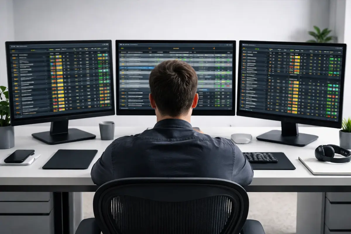 Persoon vergelijkt wedquoteringen op meerdere schermen