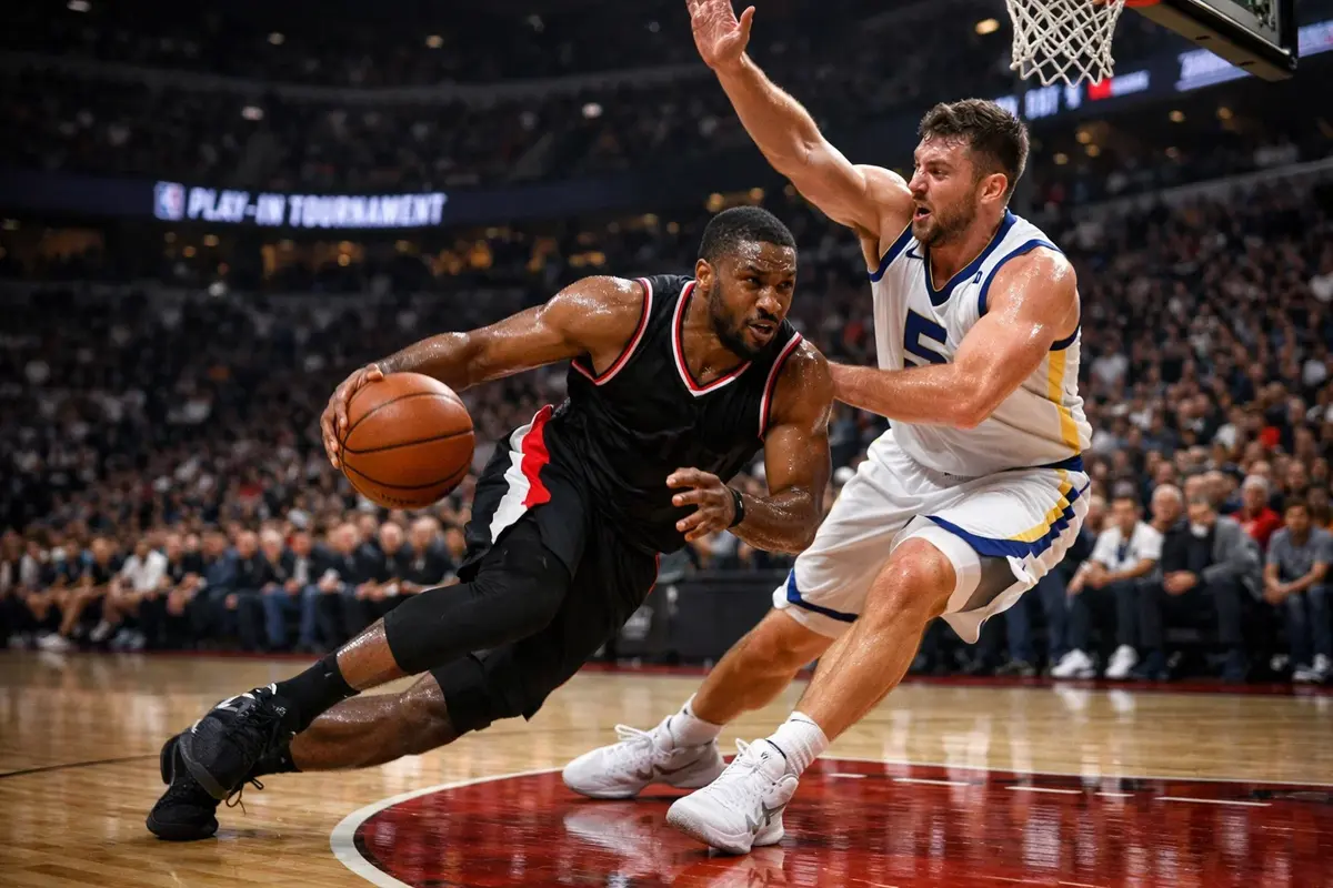 Basketbalspelers in actie tijdens cruciale play-in wedstrijd