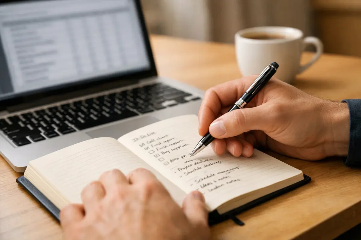 Persoon maakt aantekeningen in notitieboek naast laptop